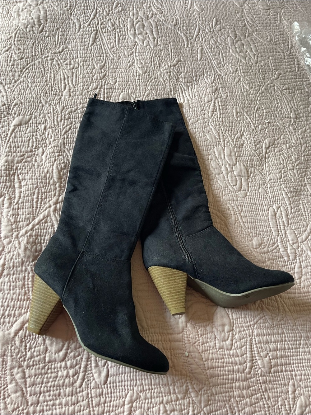 Old Navy Black Mid-Calf Stacked Heel Boots with Tan Wood-Look Heel